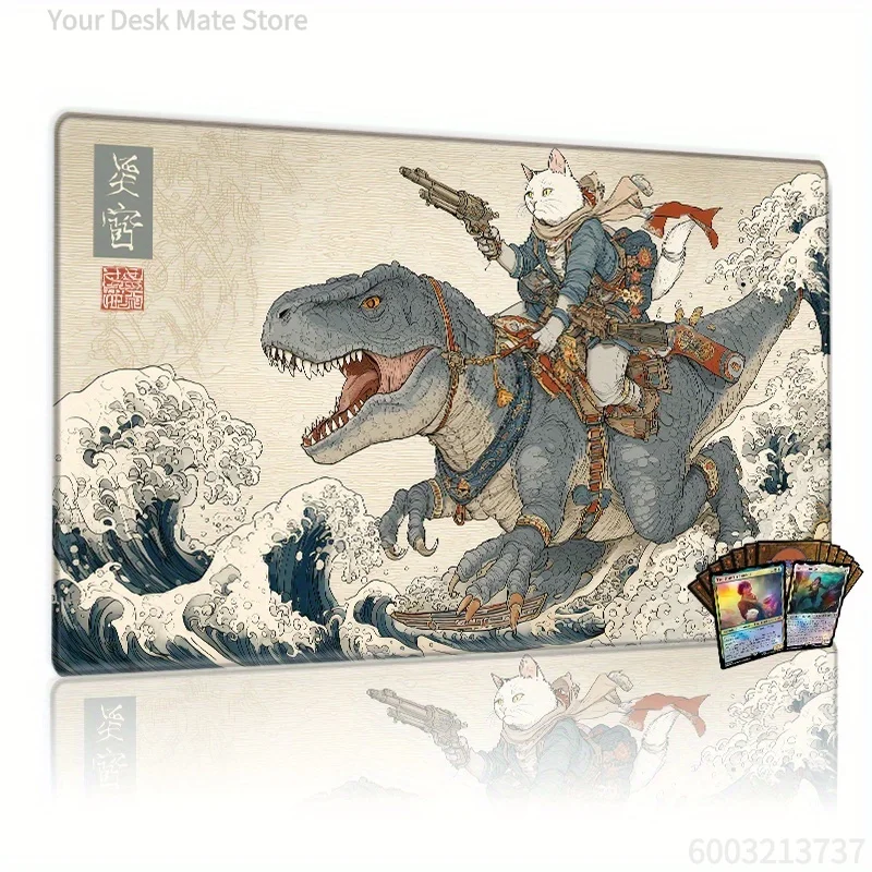 Samurai Cat: Dinosaurier-Mauspad, großes, rutschfestes PC-Schreibtischzubehör aus Gummi, Mauspad für Büro und Gamer, Tastatur-Dekorationsmatte