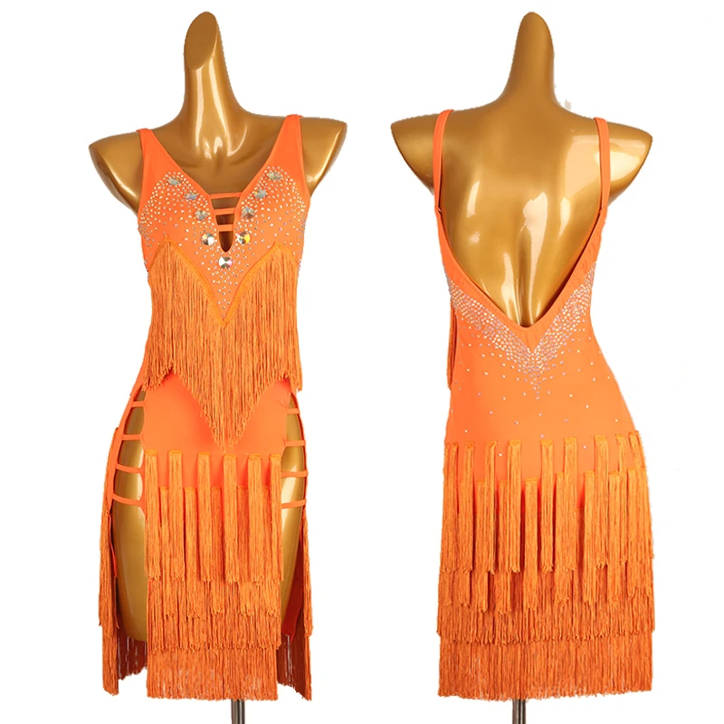 

High-End Latin Dance Competition Dress For Women Sexy Backless Drilled Tassel Dress Female Chacha Rumba Latin Costumes DQL8647