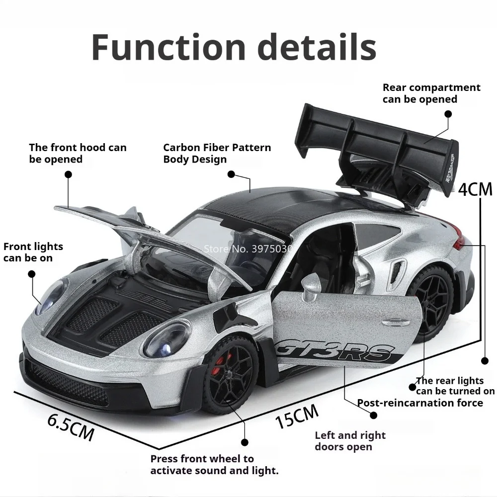1:32 Porsche 911GT3 RS Miniature Model Alloy Diecast Toy Car Doors Opened Sound Light Pull Back Vehice High Quality Collectibles