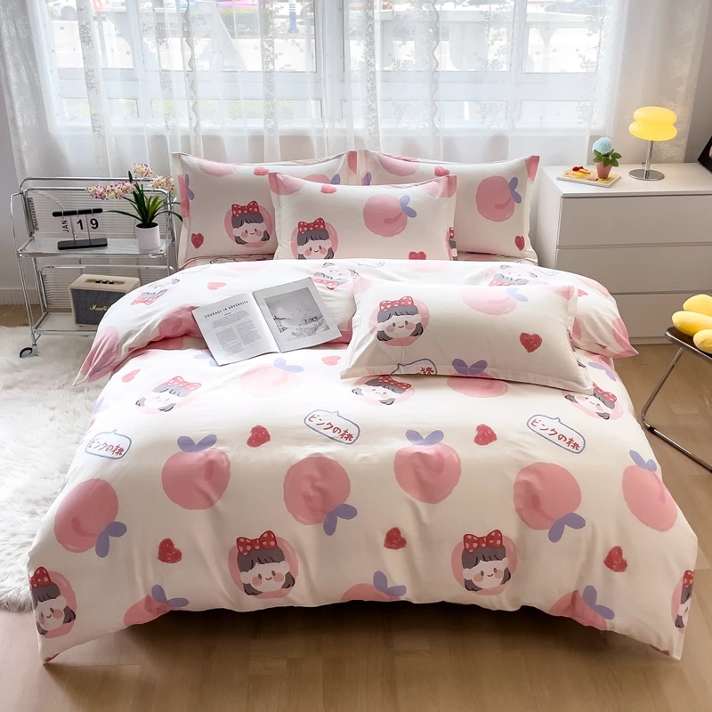 Pink Peach Cotton Bedding Set Cartoon Girl Lovely Duvet Cover for Kids Teens Comforter Covers Reversible Soft Home Bedroom Decor