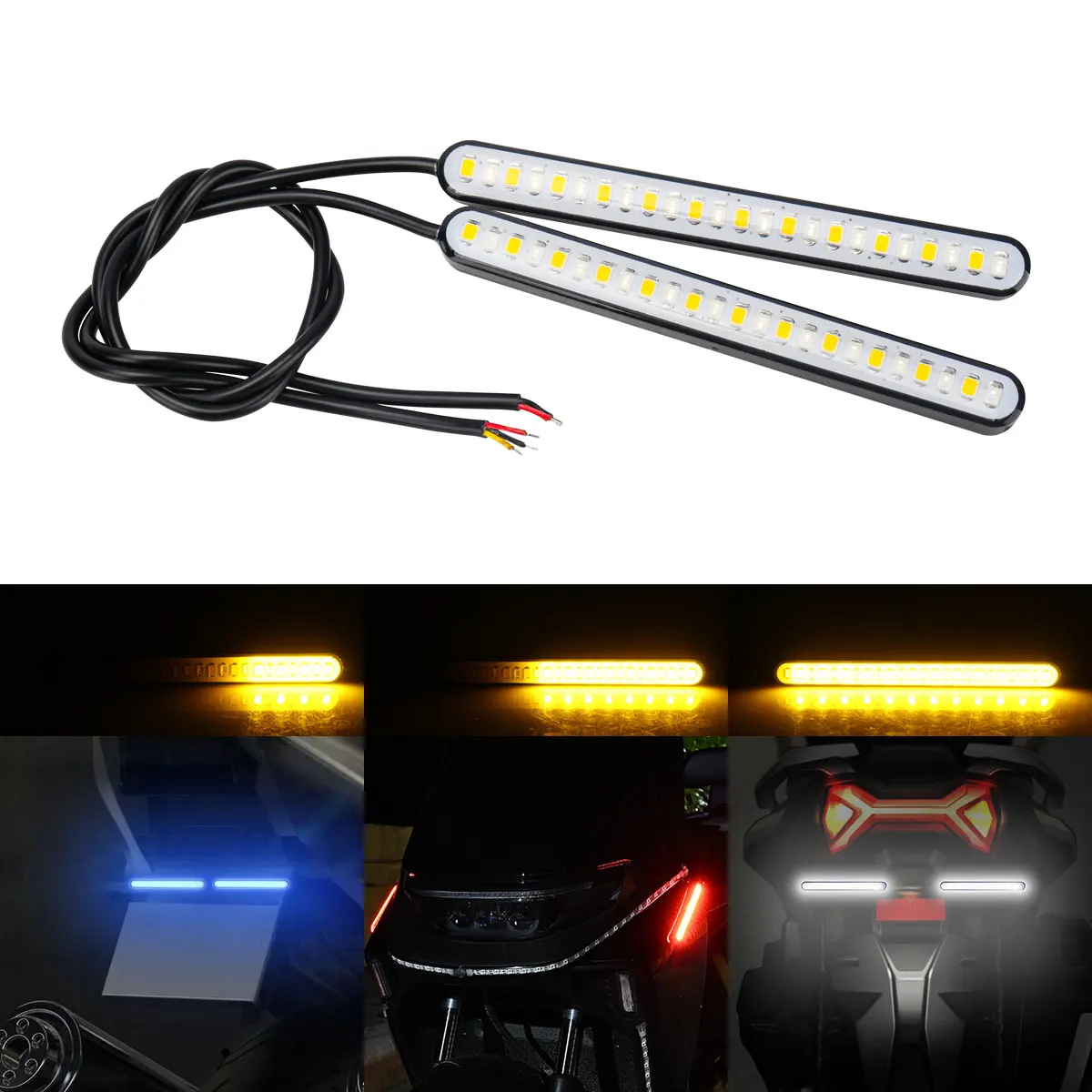 Motorcycle Turn Signal Light Bar Flowing Water License Plate Light Two-Color LED Rear Brake 24LED Stop Lamp Tail Indicators