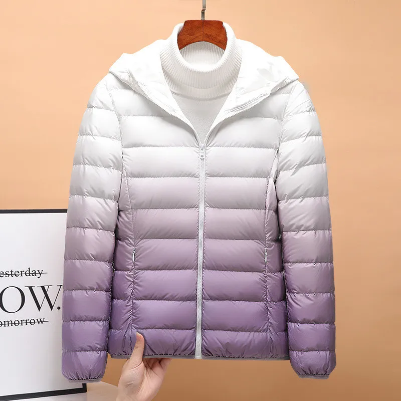 

Gradient Hooded Down Coat 2023 Autumn Winter Women Ultra Light White Duck Down Jacket Female Short Warm Oversize Parkas Outwears