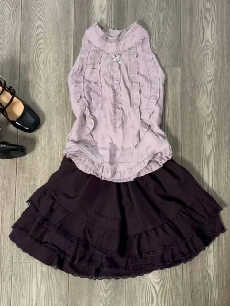 Fashion Elegant Solid Thin 2 Piece Set Women Design Sweet Sleeveless Off Shoulder Tops + Chic High Waist Ruffle Short Skirt New