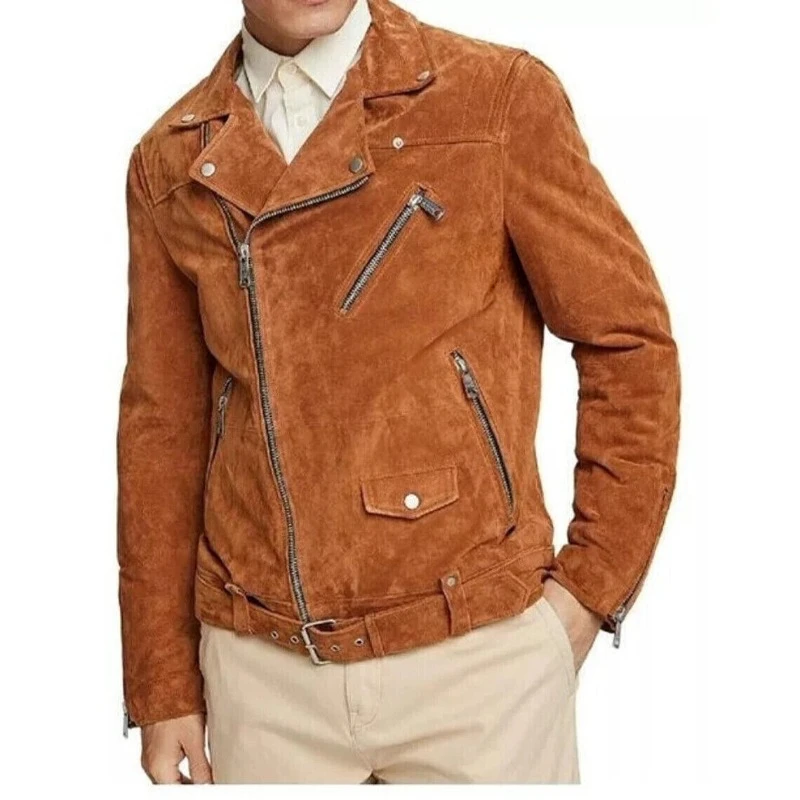 

New Men Lambskin Biker Suede Leather Brown Jacket Bomber Motorcycle Coat Tan