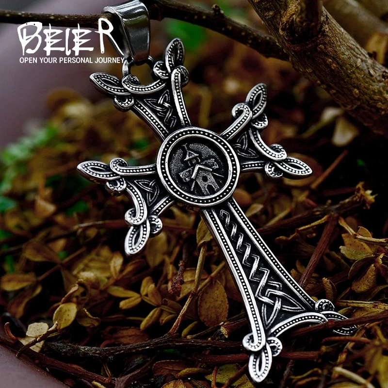 BEIER Viking Amulet Viking Alphabet Talisman Pendant Nordic Viking Style Pendant With Celtic Cross Men Necklace BP8-372