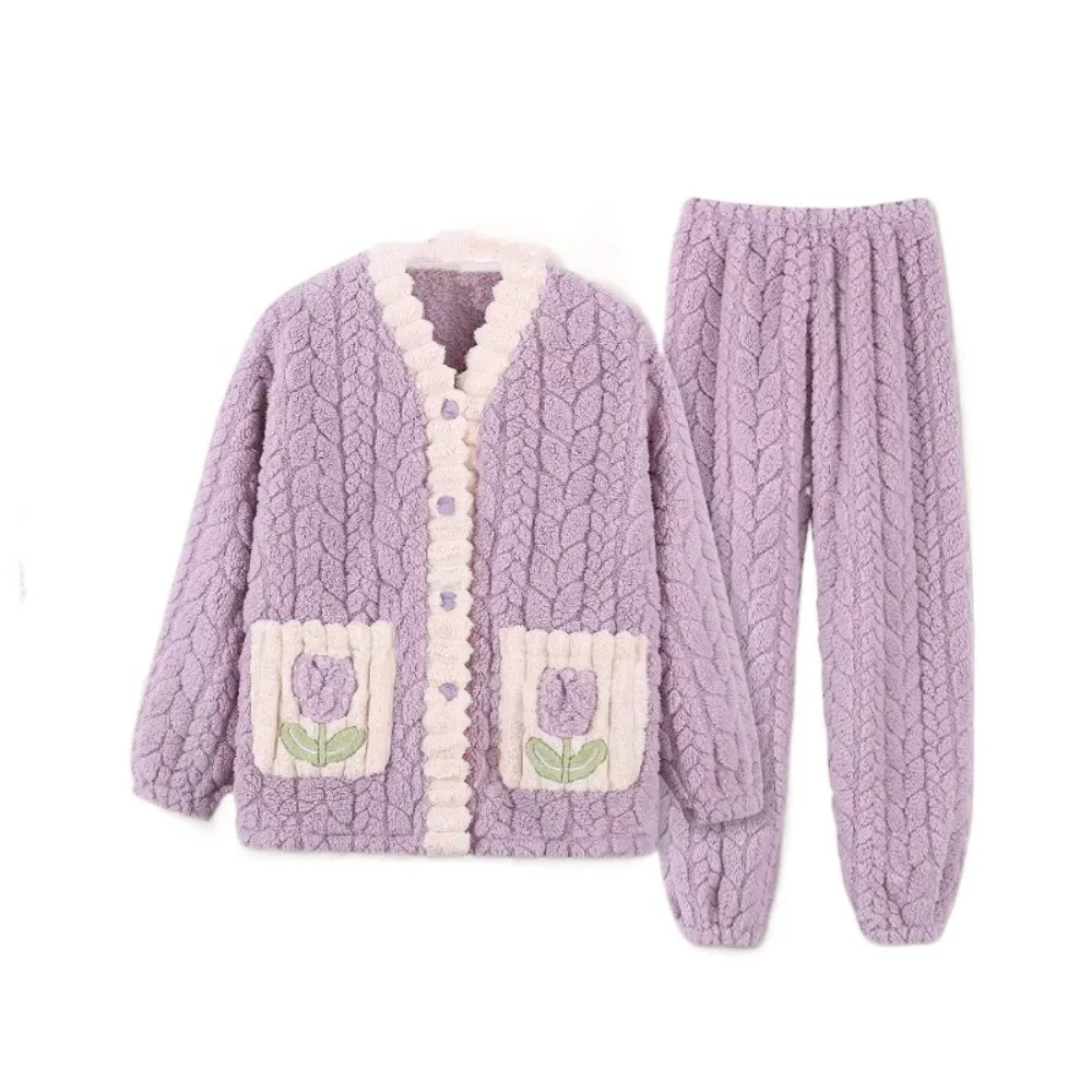 

Fashion Plush Fleece Sleepwear Set Flower Patchwork Flannel Pajamas Women Thicken Cardigan Homewear Suit Girls