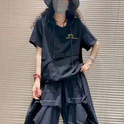 Fashion Design T Shirt Women Casual Loose Hooded T-shirt Solid Color Patchwork Drawstring Short Sleeve Hoodie Summer Thin Tshirt