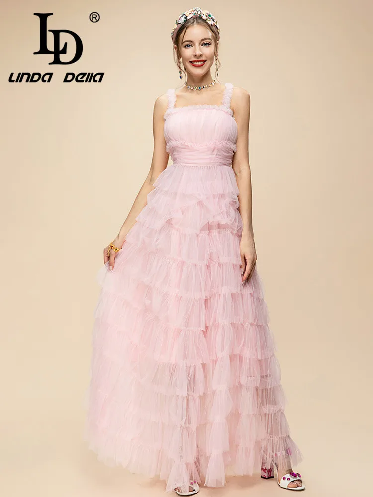 

LD LINDA DELLA Summer Elegant Party Dress Women's Pink Suspender High Waist Cascading Ruffle Hollow Out Lace Dress