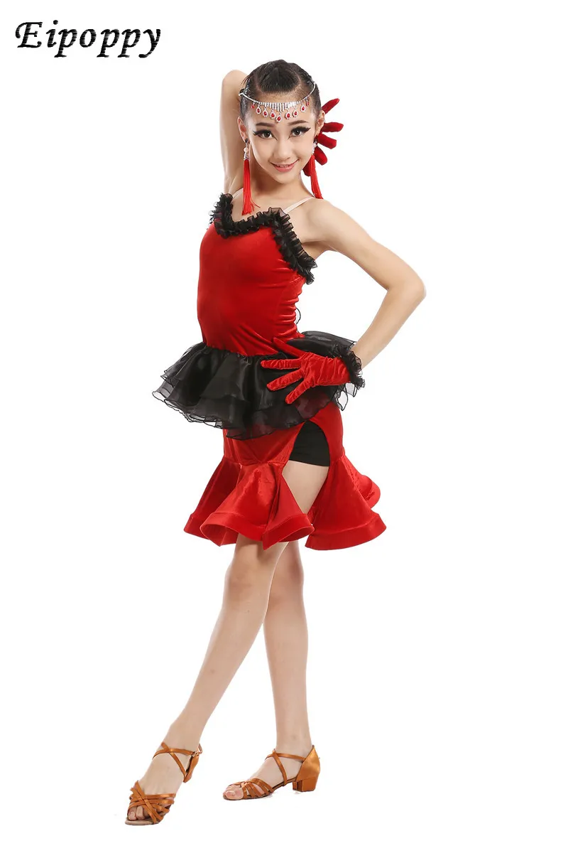 تنورة رقص لاتينية للأطفال ، ملابس ممارسة ، مخمل ذهبي للفتيات ، ملابس رقص من قطعة واحدة