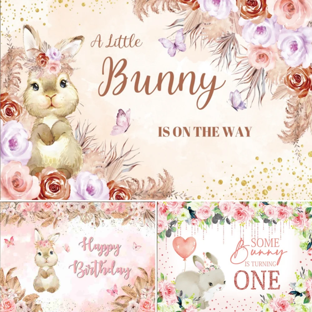 

Easter Rabbit Photography Backdrop Bohemia Floral Balloon Some Bunny is Turning Birthday Decor Photography Background