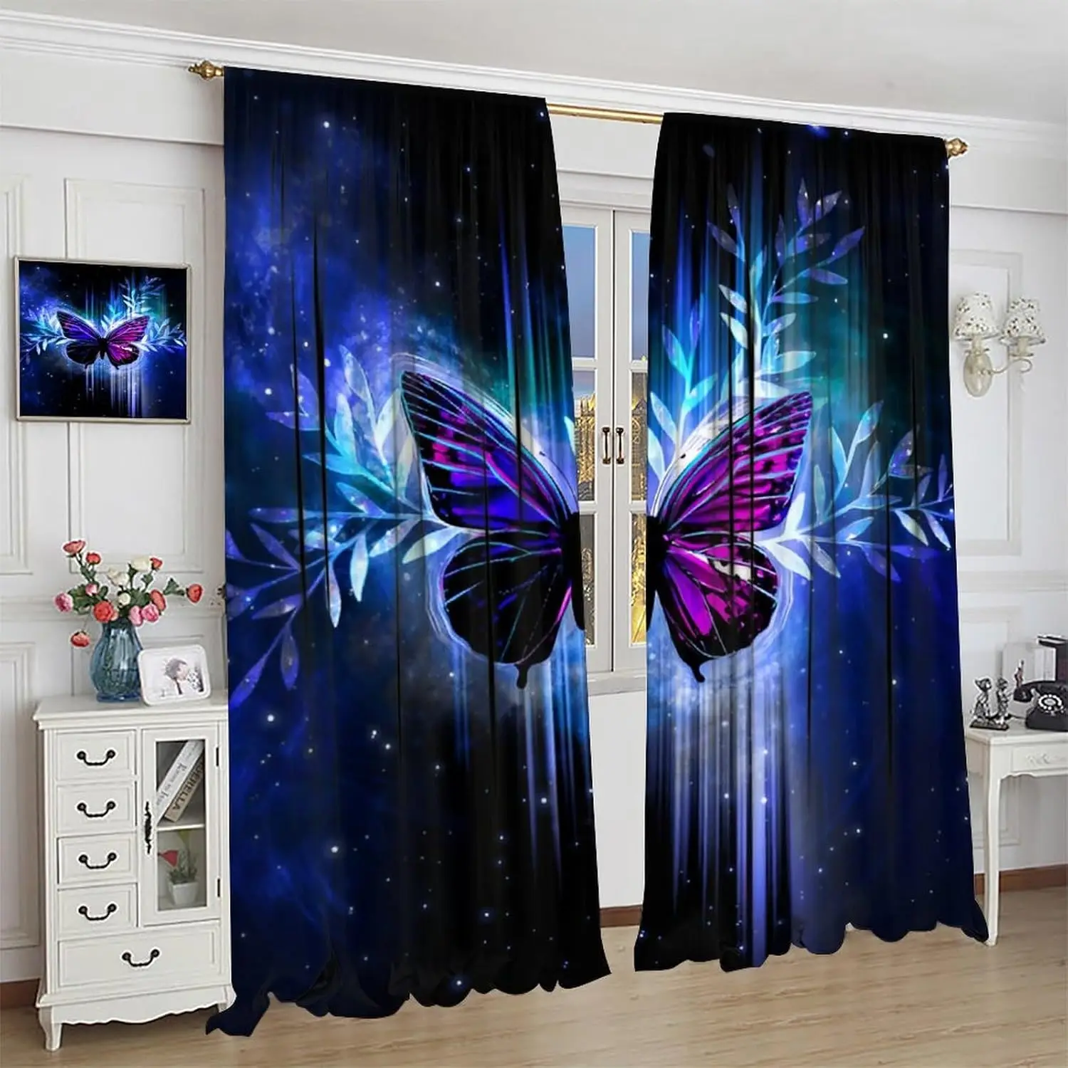 Fantastic Butterfly Curtains Psychedelic-Themed Butterfly Leaf Shining Light Print Window Drapes for Girls Women Bedroom Living