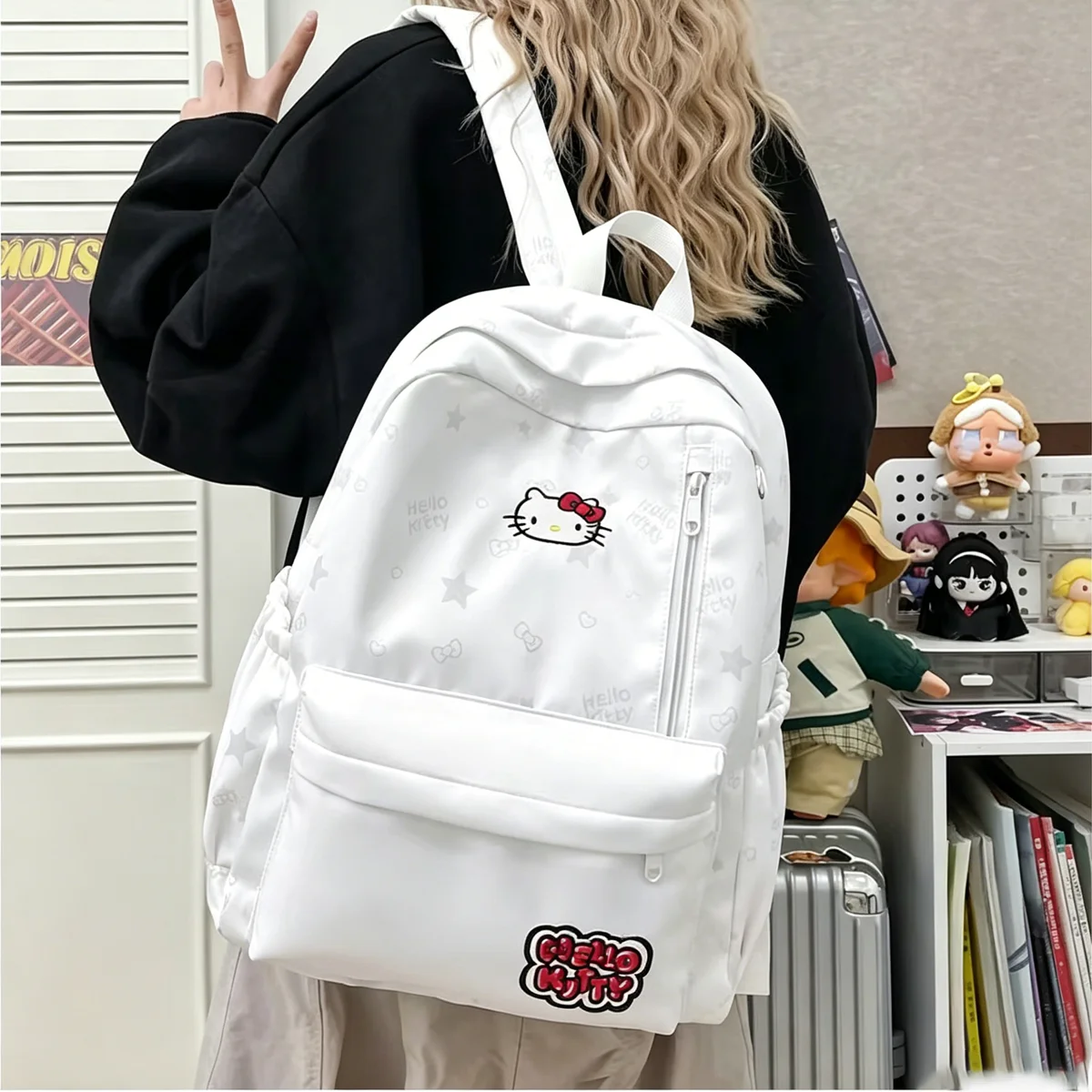 Sanrio Hello Kitty Backpack, White Casual Backpack, Cute School Backpack, Large Capacity Nylon Travel Backpack.