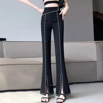 Korean Fashion Women Black Flare Pants Spring Autumn New Slim High Waist Streetwear Casual Split All-match Y2K Diamond Trousers