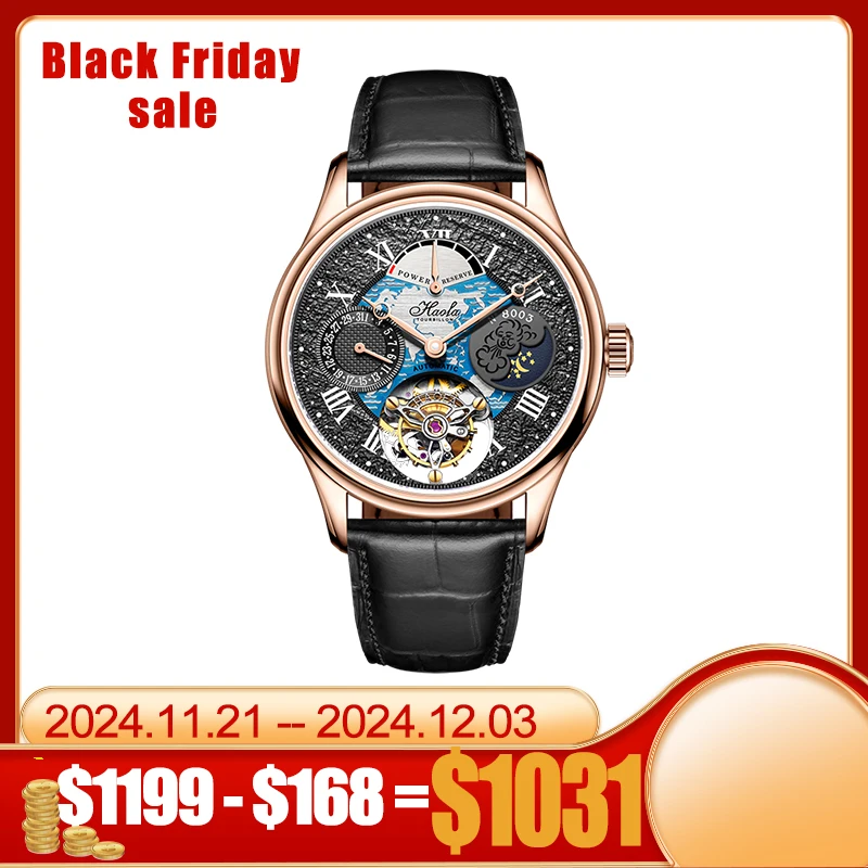 Haofa TIANGONG Tourbillon Automatic Movement Watch Men Day And Date Mechanical Watch for Men Moon Phase orologio uomo 8003