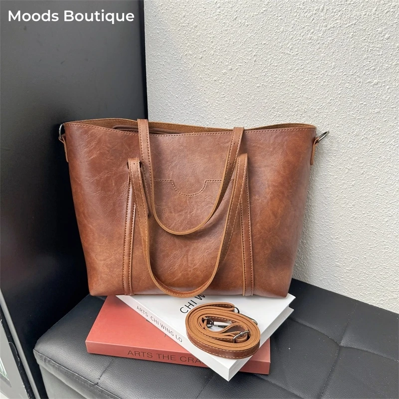 MOODS Retro Big Tote Bags For Women Vintage Dual Straps Soft PU Leather Pure Color Large Capacity Shopper Shoulder Crossbody Bag