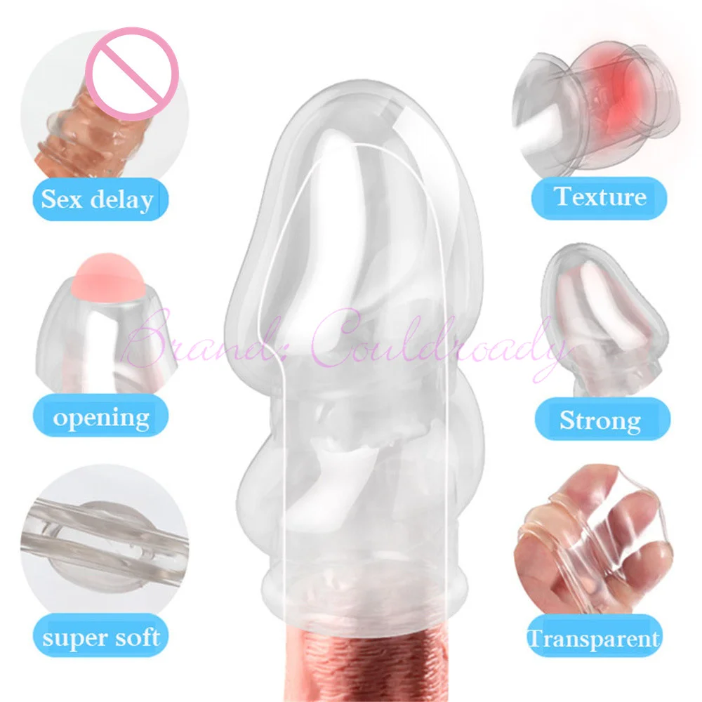 Transparent Male Glans Penis Sleeve Dick Extensions Delay Ejaculation Reusable Condoms Spray Massager Sex Toys for Men