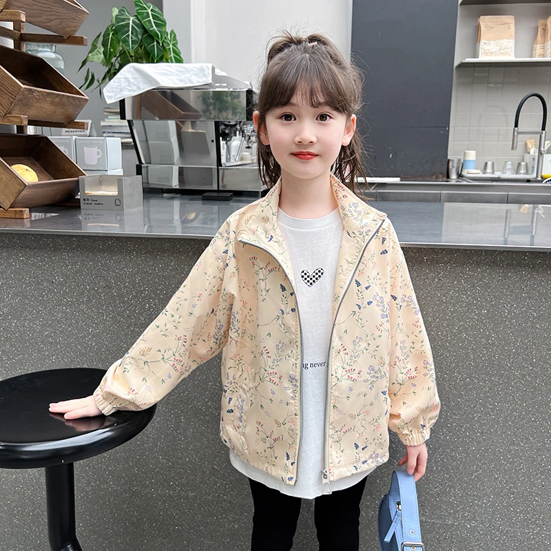 

Spring Autumn Children Floral Windbreaker Jacket for Girls Casual Outdoor Clothing Kids Turtleneck Hiking Coat Outerwear 4-14 Y