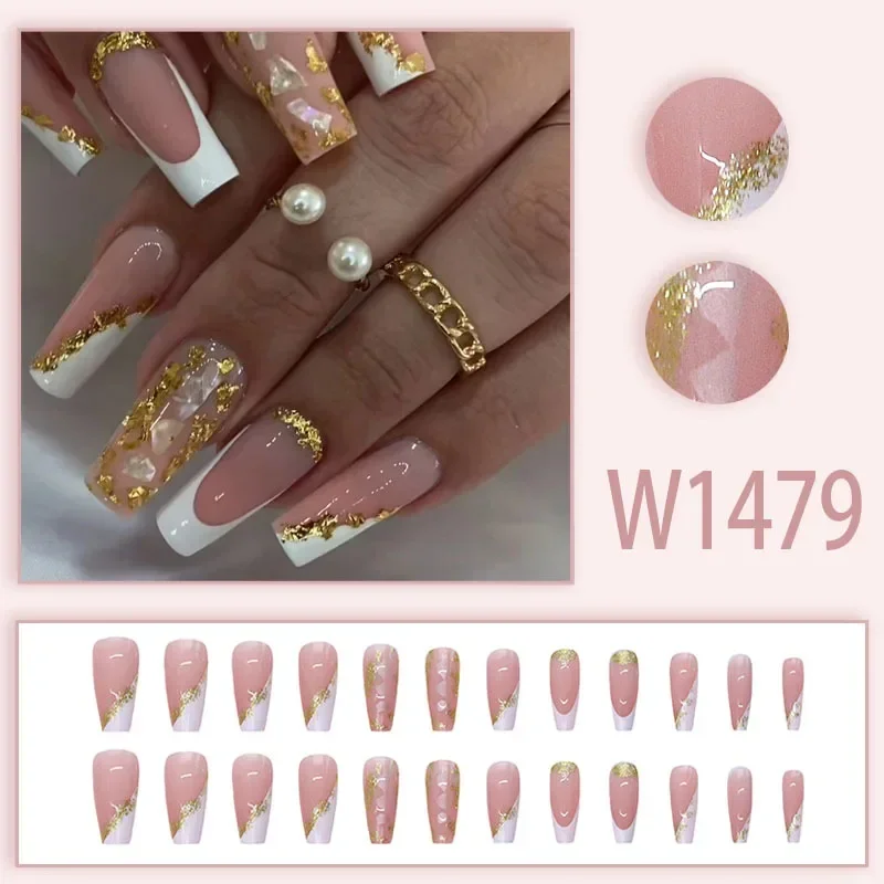 French Design Rhinestone Wearable Fake Nails 24Pcs French White Edge Wearable Nail Art Simple Full Cover Press Nail Tips tools