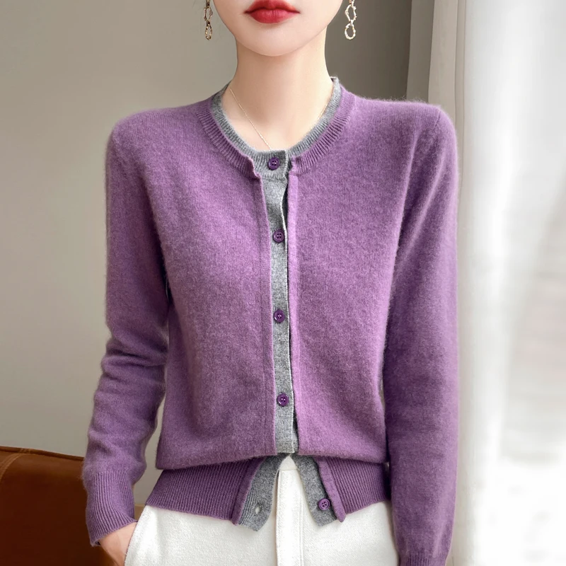 

100% wool cardigan jacket women's autumn and winter new round neck long sleeved knitted sweater loose fashion fake two-piece set