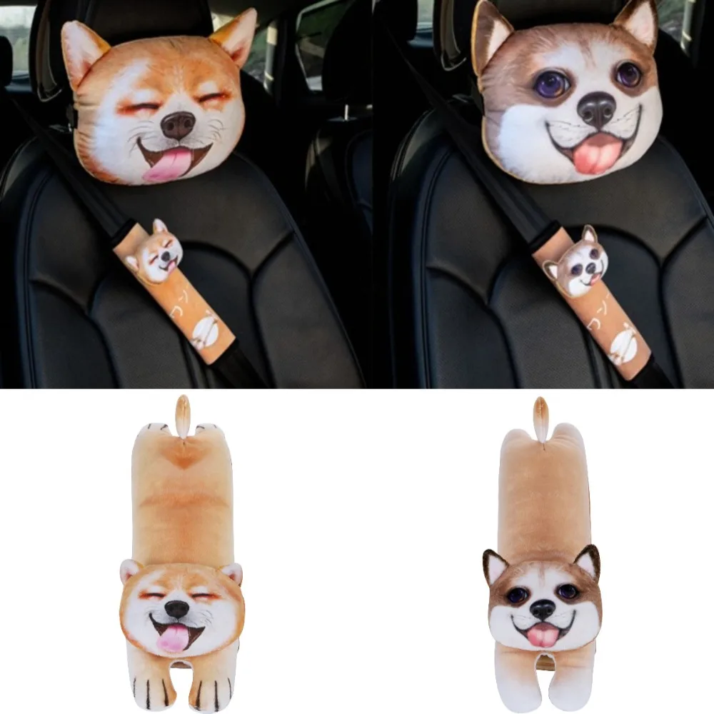 Cute Cartoon Pattern Car Pillow Auto Accessories Corgi Shiba Inu Seat Belt Cover Soft Shoulder Strap Cushion