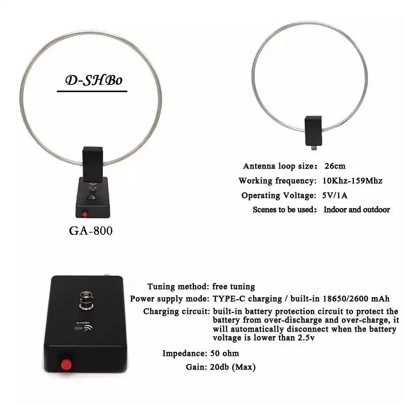 GA800 Active Loop Antenna 10KHz-159MHz HF Short Wave Small Loop Antenna for Radio Receiver Indoor Use Tescun Malahiteam SDR