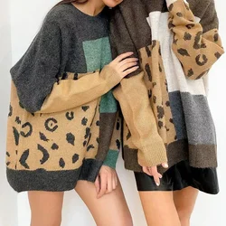 Women Y2k O-Neck Crochet Kintted Sweater Leopard Loose Top E-girl Pullovers Spring Autumn Winter Jumper Sueter Streetwear