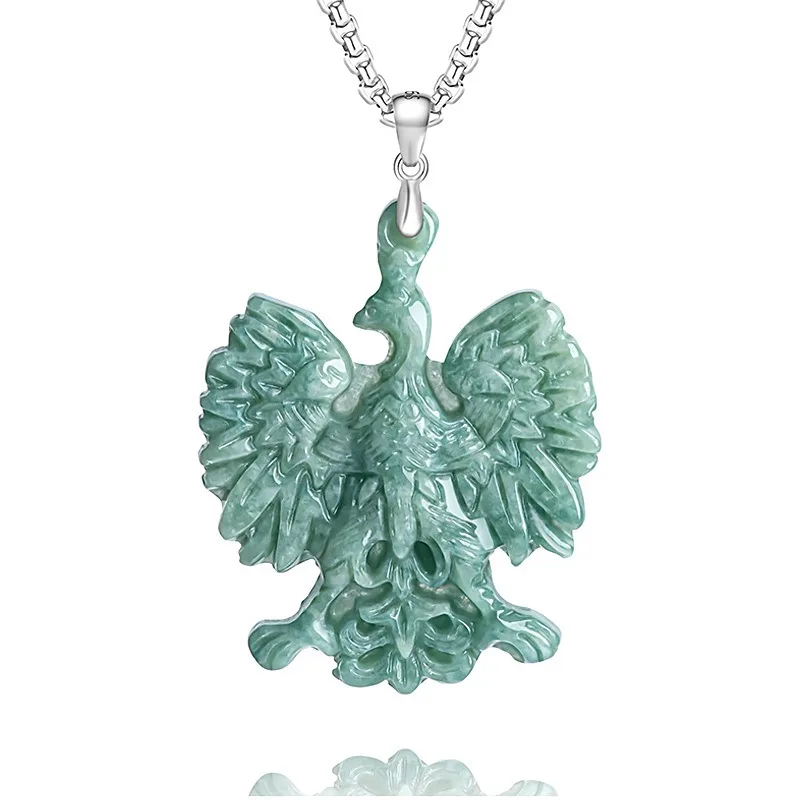 Natürliche burmesische Smaragd Adler der Freiheit Jade Anhänger 925 Silber Halskette geschnitzt Mode Charme Schmuck Amulett Geschenk für Frauen Männer