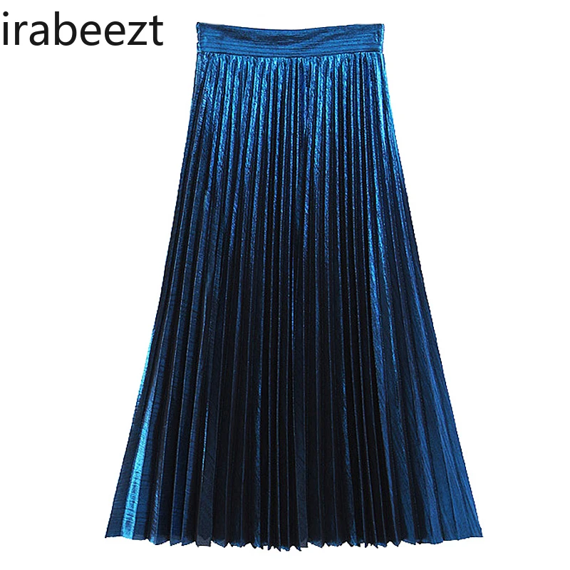 

European and American Women's Retro Pleated Thin Glossy Metal Texture Half Skirt High Waist with Elegant Mid-long Organ Skirt