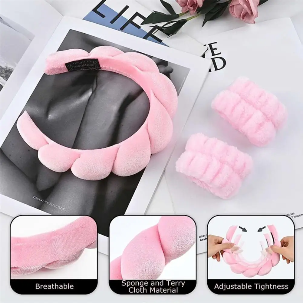 Thickened Sponge Headband Water Absorption Bow Headband Set Anti-slip Skincare Wristband for Makeup Removal Face Wash Sports