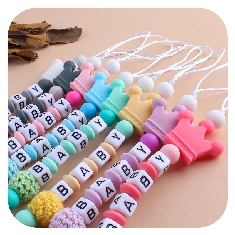 Handmade free personalized name silicone baby pacifier clip silicone crown Heart-shaped pacifier chain holder baby safe teethin