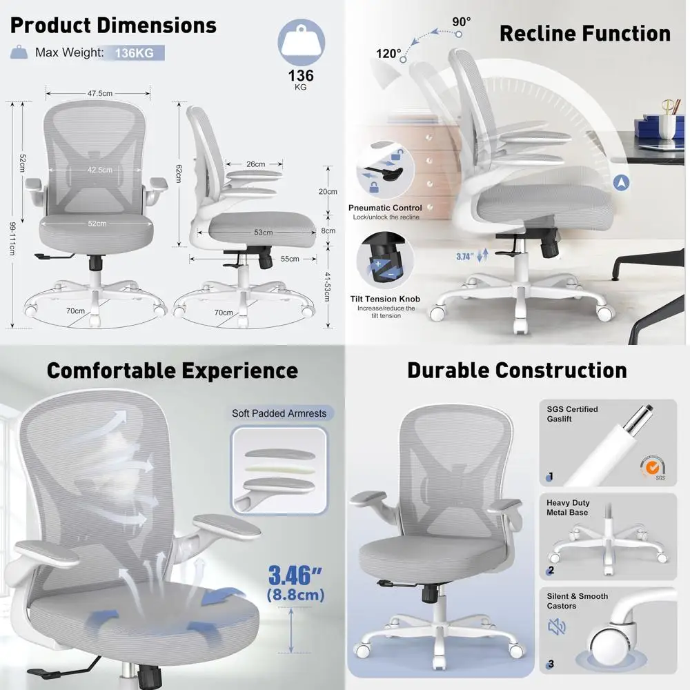 

Регулируемое эргономичное офисное кресло с поясничной поддержкой, сетчатое поворотное кресло для рабочего стола на колесиках с откидными подлокотниками, серое