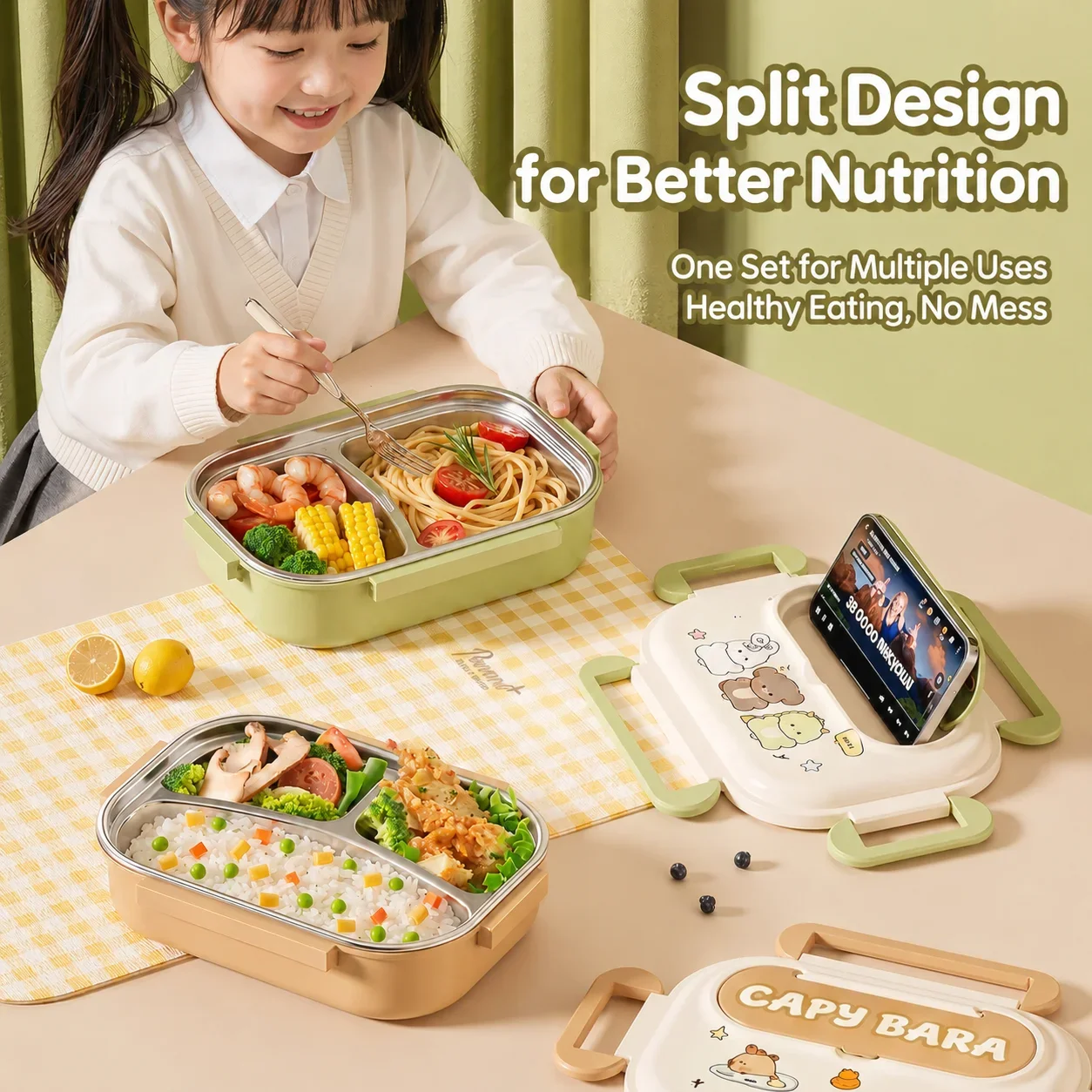 316 Stainless Steel Cartoon Bento Box with Cutlery Leakproof Compartment Lunch Box for Kids Students