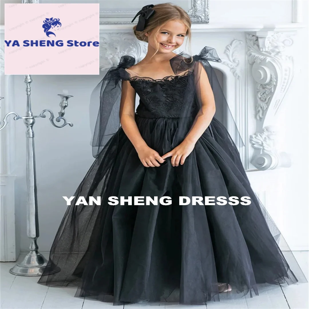 

Customized Black Tulle Flower Girl Dress with Bow Sleeveless Princess Gown for Wedding Party Birthday Banquet