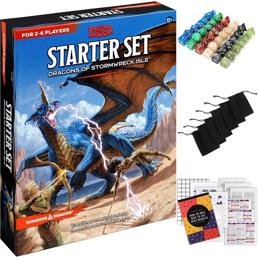 

Dungeons and Dragons Starter Set - 6th Edition, Dragons of Stormwreck Isle - Extra 6 Dice Sets, Flannel Bags, Master Screen