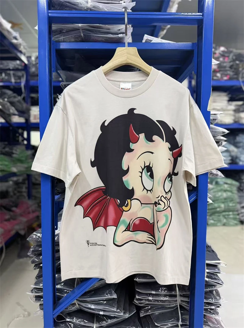 SAINT Mx6 Retro American Street Cartoon Printed Round Neck Hoodie Washed Cotton Short Sleeve Trendy Versatile Vintage T-shirt