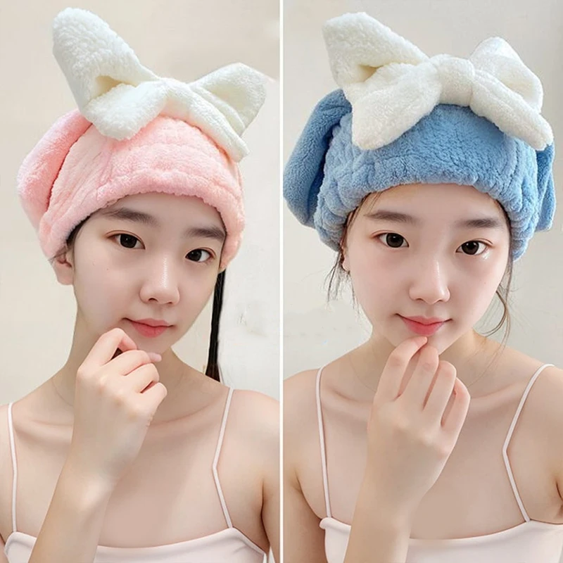 Coral Velvet Hair Drying Towels Super Absorbent Turban Hair Towel Cap Quick Dry Head Wrap Bow-Knot Shower Cap For Wet Hair