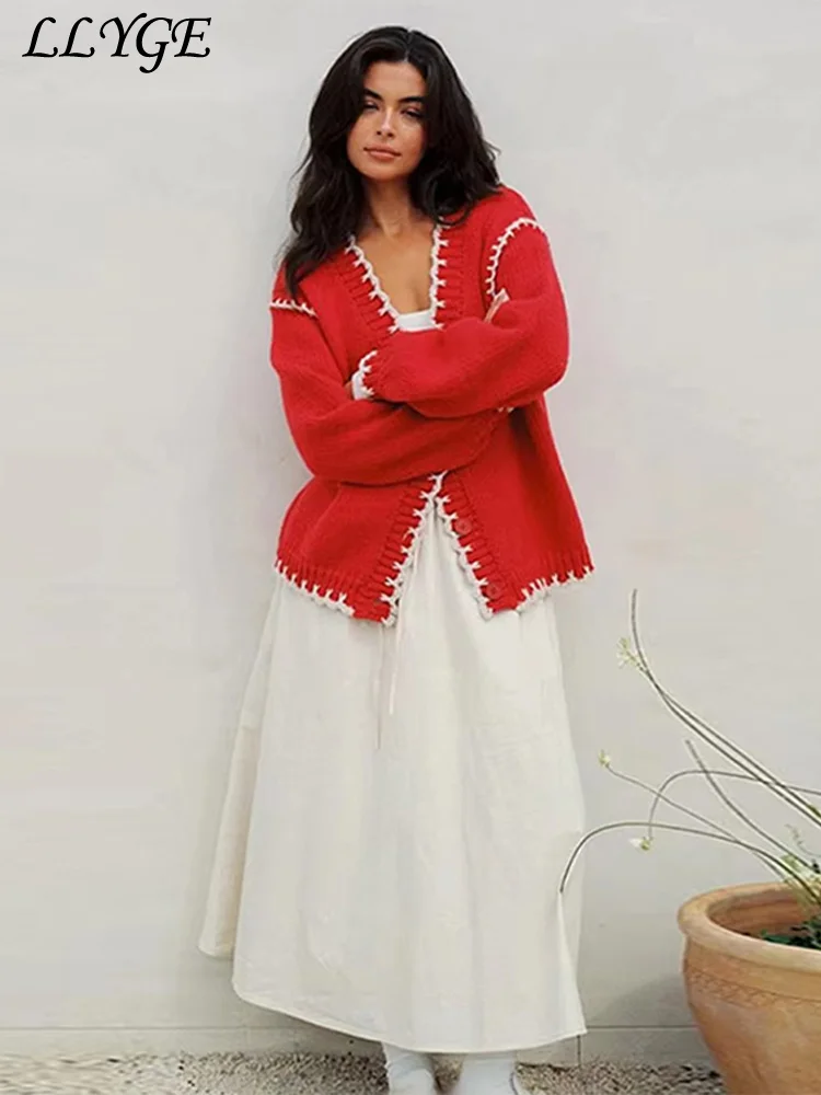 Kontrast gestrickte Spleiß jacke Frauen Langarm V-Ausschnitt Einreiher Top weiblich 2024 Herbst Dame Mode Street Outwear