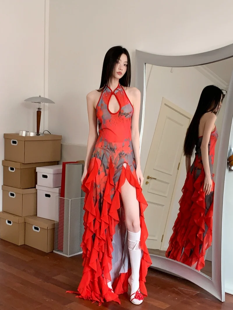 

Women's Sexy Chinese Style Halter Neck Backless Ruffles Long Dress Lady Summer Sleeveless Slim Split Full Length Maxi Dress