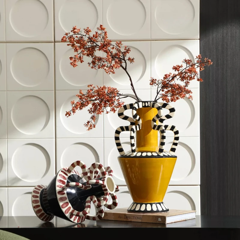 Hand painted serpentine striped ceramic vase living room dining table flower arrangement ornament personalized art soft decorati