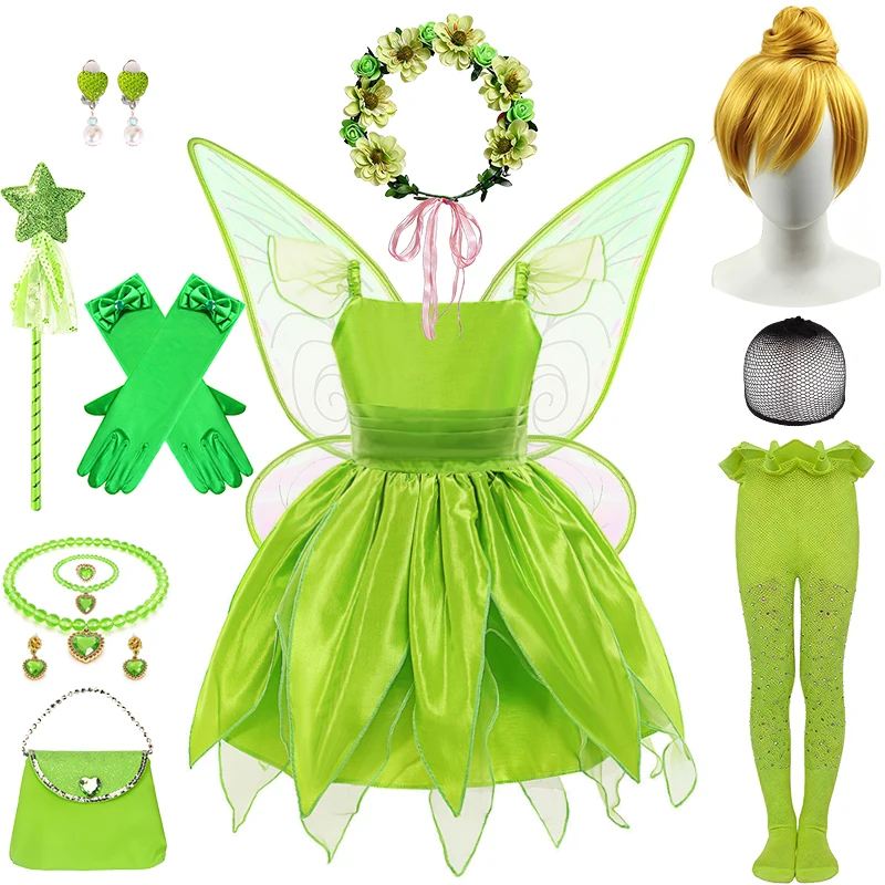 Classic Green Princess Tinker Bell Costume Fairy Girls Dress Up Christmas Halloween Cosplay Birthday Party Children's Clothing