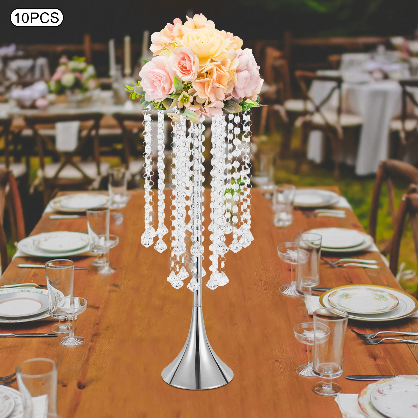 

10 Pieces 55.6cm Silver Vase with Crystal Tassels Banquet Table Top Decorative Flower Base High Load-bearing Display Stand