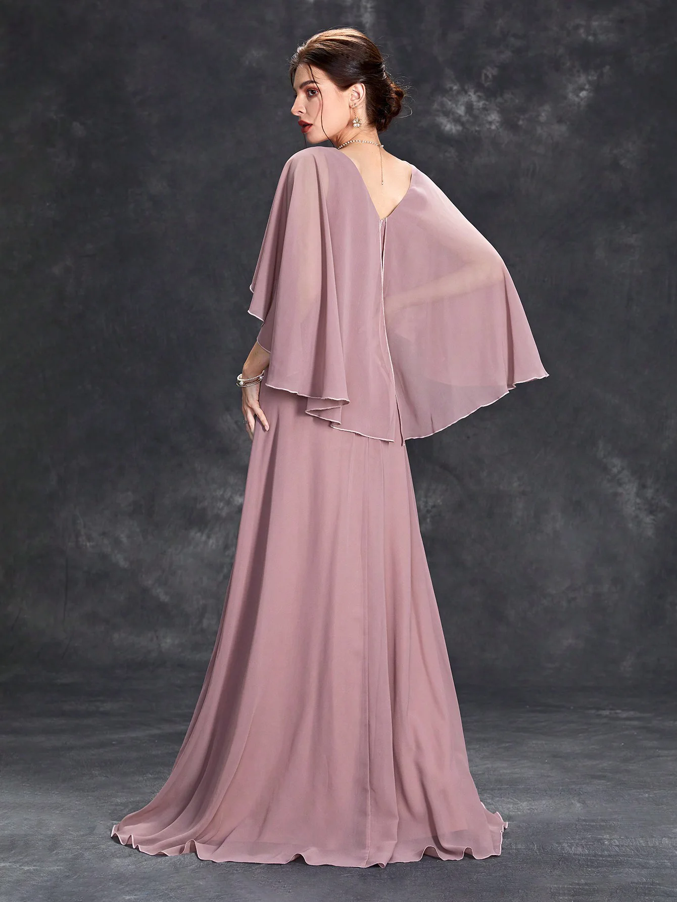 Mother of the Bride Dress - Elegant Cape Sleeve Chiffon Evening Gown - Embellished Waist V-Neck Formal Wedding Guest Maxi Dress