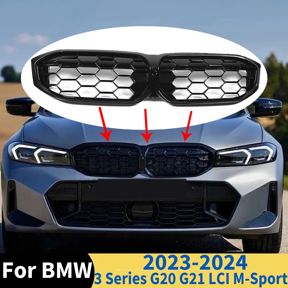 

For BMW 3 Series G20 G21 LCI M-Sport 330i 325i M340i 2023-2024 Diamond Style Car Front Kidney Grill Center Grid Mesh Body Kits