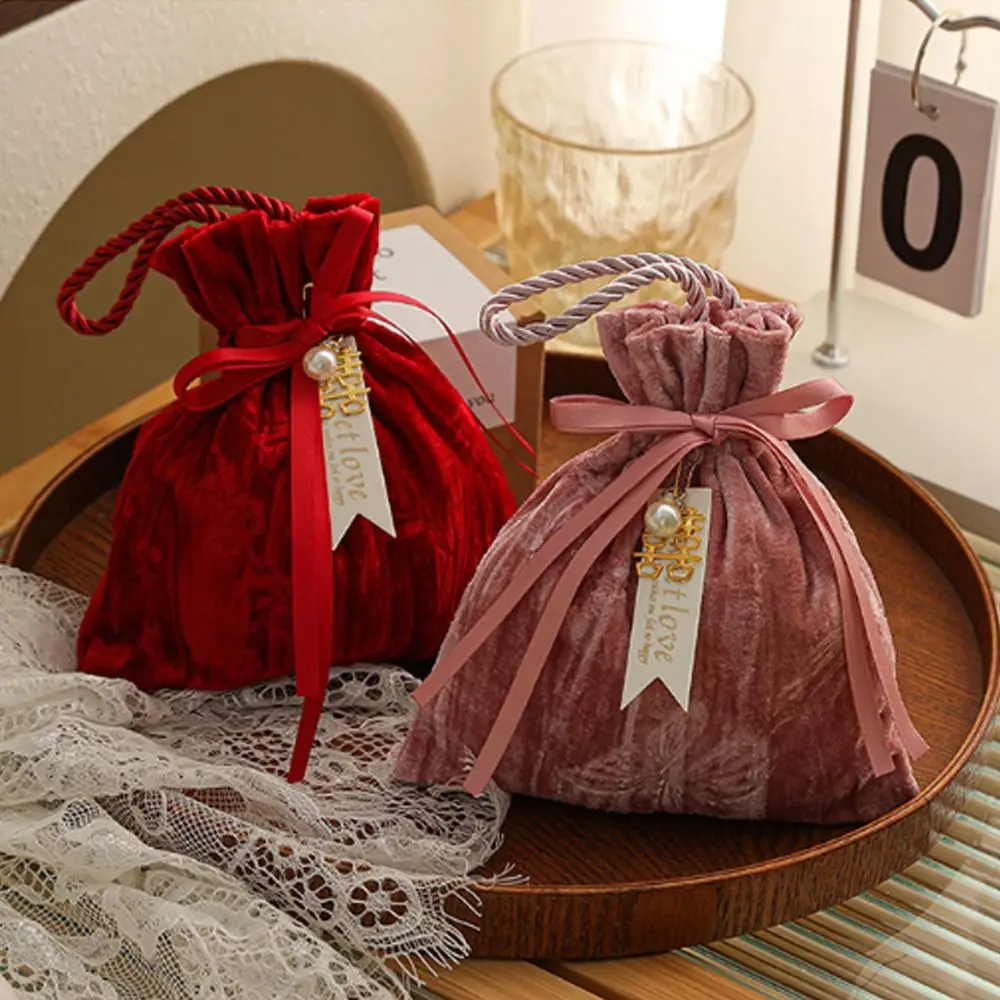 

Elegant Ribbon Bow Velvet Candy Box Dust Protect with Tassel Drawstring Bag Handbag Flower Candy Pouch Wedding Favor