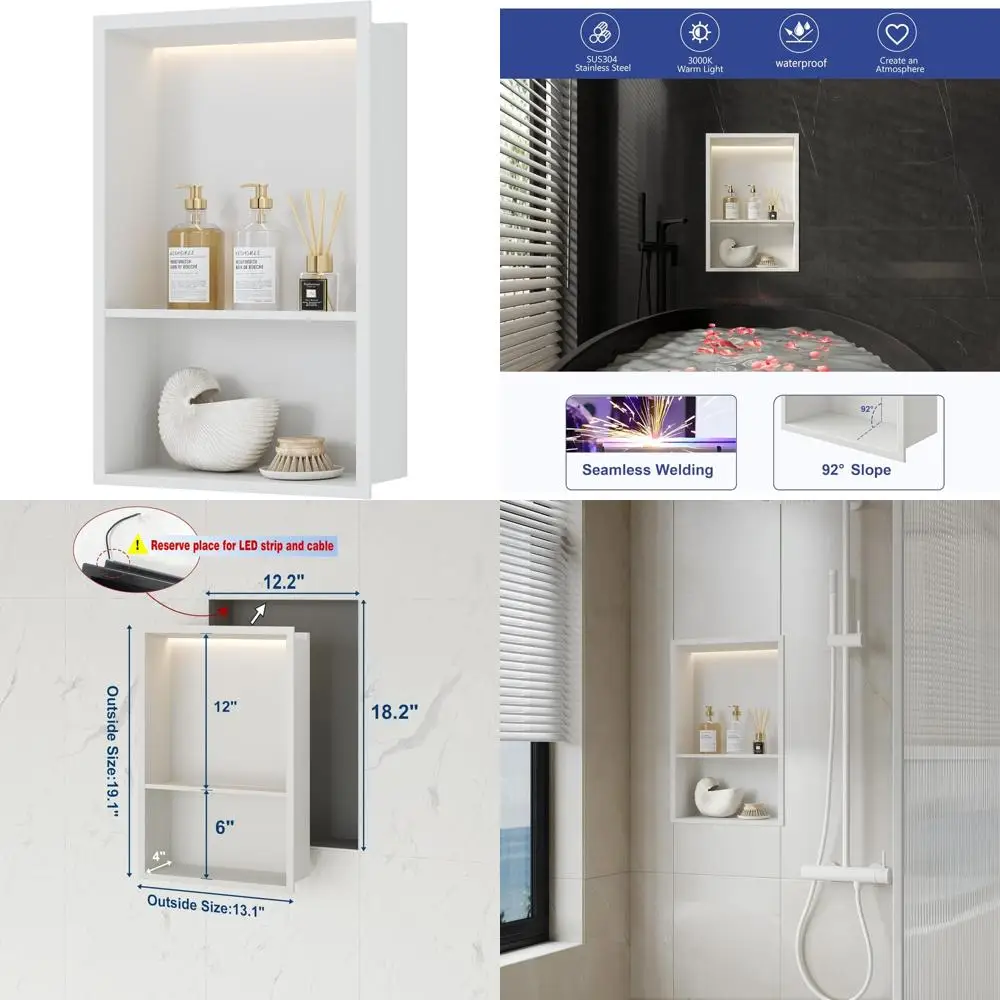 

Stainless Steel Shower Niche with LED Light, 12x18 Inches, White, No Tile Required, Dual Layer Wall Shelf