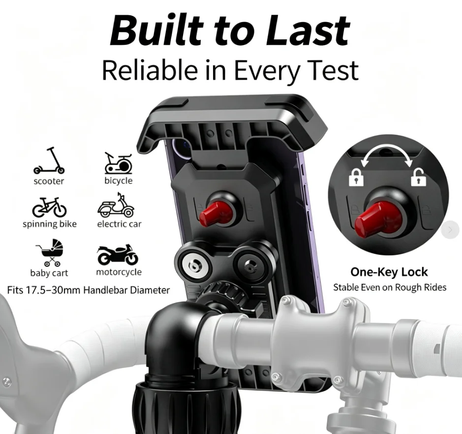 Vibration Reduction Motorcycle Phone Holder, Stable Handlebar Mount for All Smartphones, Fit Bike Scooter Motorbike