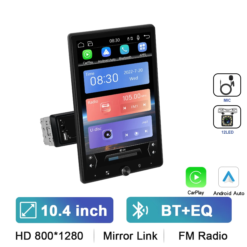 Podofo 10.4 ''HD 1Din MP5 Speler Carplay Android Auto Multimedia Speler Auto Stereo Spiegel Link Bluetooth Auto Audio Bluetooth FM