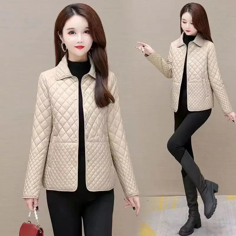 Diamond Grid Sandwiched Cotton Thin Jacket for Women Short Style New Korean Version Loose Casual Lightweight Cotton Jacket