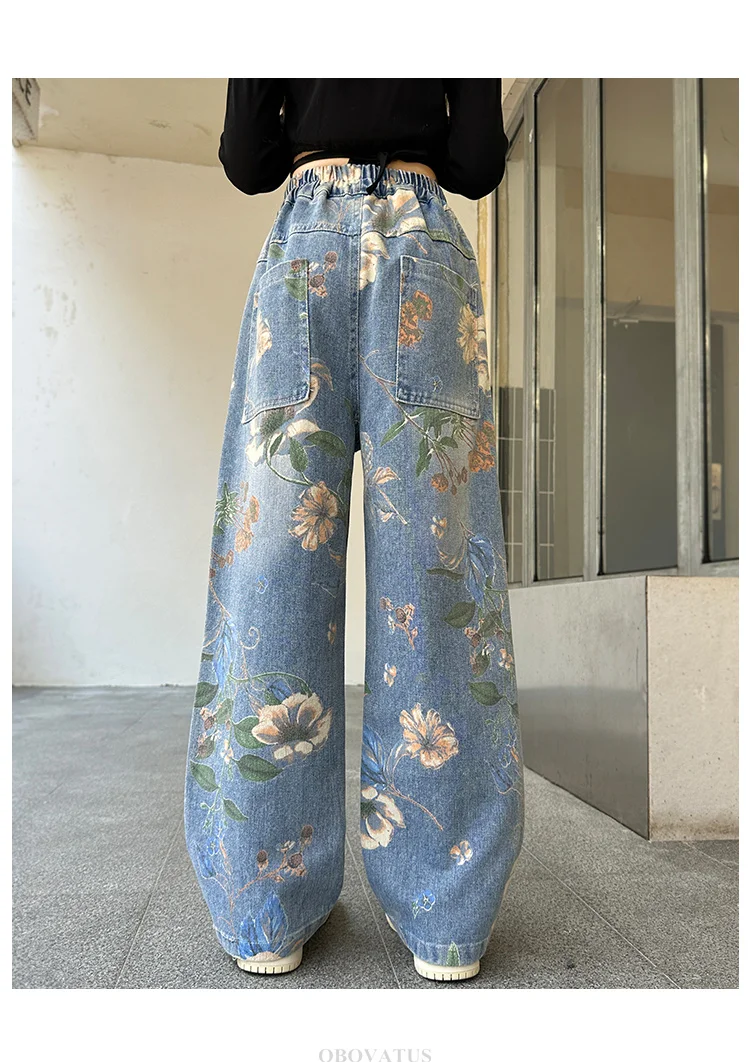 Designer-Jeans für Kinder im High-Street-Stil mit Blumenmuster für Mädchen, trendige Jeanshosen für Teenager, weite Jeanshosen mit Blumenmuster. – Detail 11