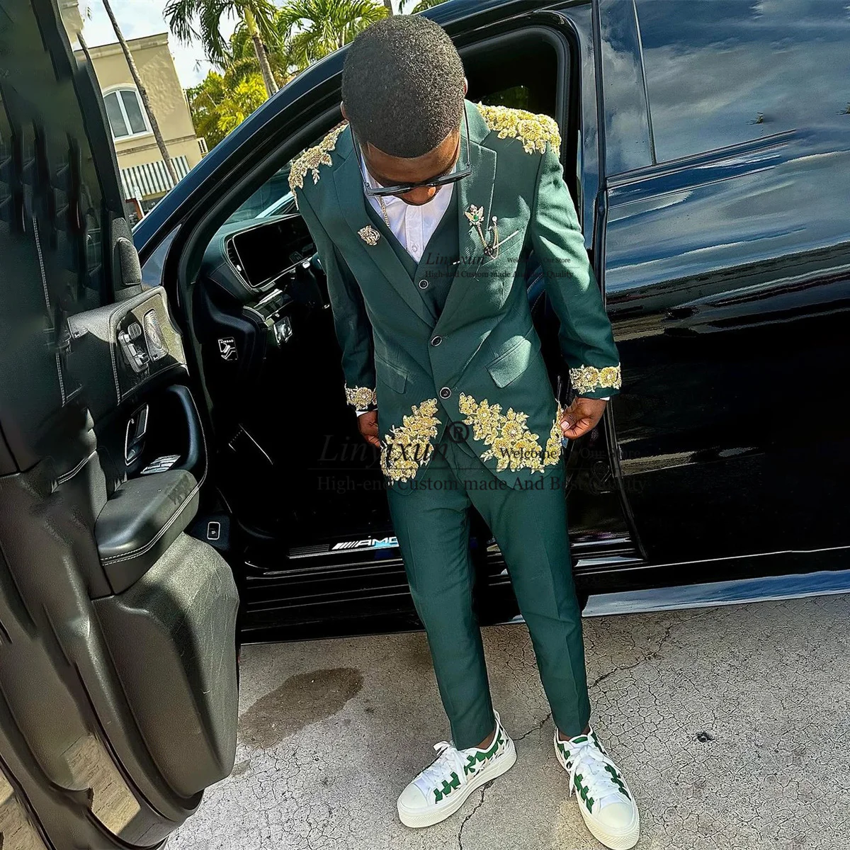 

Fashion Applique Beaded Men Suits 2 Pieces Sets Wedding Groom Tuxedos Dinner Male Prom Praty Blazers Customized ropa hombre